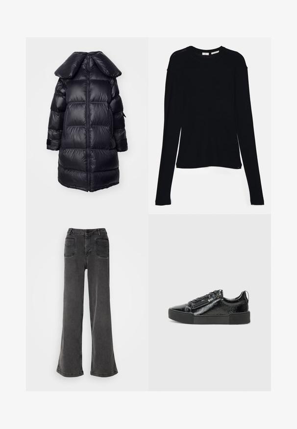 Schwarze Daunenjacke mit großem Kragen, mit gesteppten Abschnitten, einem zentralen Reißverschluss und elastischen Bündchen. Glatte, glänzende Textur.; Schwarzes Langarmoberteil aus weichem Stoff, mit rundem Ausschnitt und lässiger Passform, seitlichen Schlitzen am Saum für mehr Bewegungsfreiheit.; Hoch geschnittene, weit geschnittene schwarze Jeans aus Denim, ausgestattet mit einem Knopfverschluss, Gürtelschlaufen und zwei hinteren Taschen mit gestickten Akzenten.; Schwarze Sneaker mit einem glänzenden Obermaterial aus Lackleder, runder Zehenform, strukturiertem Gummi-Sohle und flachen Schnürsenkeln. Verfügt über einen seitlichen Reißverschluss für ein einfaches An- und Ausziehen.
