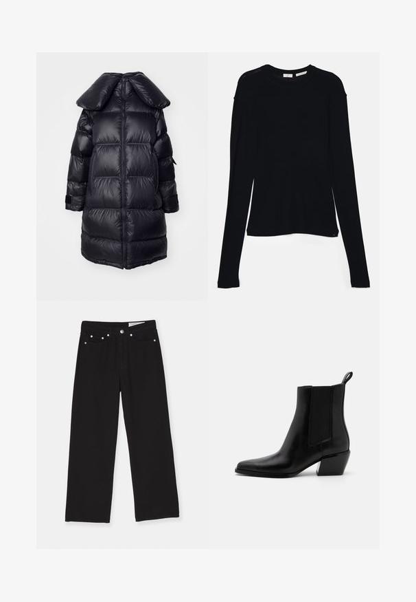 Schwarze Daunenjacke mit großem Kragen, mit gesteppten Abschnitten, einem zentralen Reißverschluss und elastischen Bündchen. Glatte, glänzende Textur.; Schwarzes Langarmoberteil aus weichem Stoff, mit rundem Ausschnitt und lässiger Passform, seitlichen Schlitzen am Saum für mehr Bewegungsfreiheit.; Schwarze weit geschnittene Jeans aus Denim, mit einem Fünf-Taschen-Design, Knopfverschluss und metallischen Hardware-Akzenten. Strukturierter Stoff mit glatter Oberfläche.; Schwarze Leder-Stiefeletten mit spitzem Zeh, elastischen Seitenpanelen und einem niedrigen Blockabsatz. Mit einer Zuglasche an der Ferse für ein einfaches An- und Ausziehen.