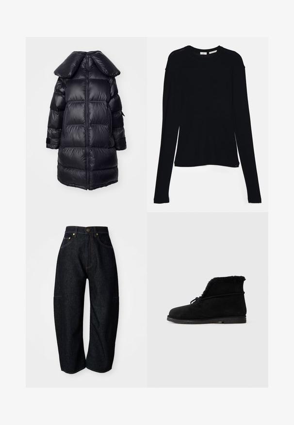 Schwarze Daunenjacke mit großem Kragen, mit gesteppten Abschnitten, einem zentralen Reißverschluss und elastischen Bündchen. Glatte, glänzende Textur.; Schwarzes Langarmoberteil aus weichem Stoff, mit rundem Ausschnitt und lässiger Passform, seitlichen Schlitzen am Saum für mehr Bewegungsfreiheit.; Dunkelblaue Jeans mit entspannter Passform, ausgestattet mit dezenten orangefarbenen Nähten, Fronttaschen und einem flachen Bund mit Knopfverschluss.; Schwarze Wildleder-Ankle-Boots mit sichtbarem, gefüttert Futter am oberen Rand und einer geschnürten Schnürung, die sich um den oberen Teil windet.