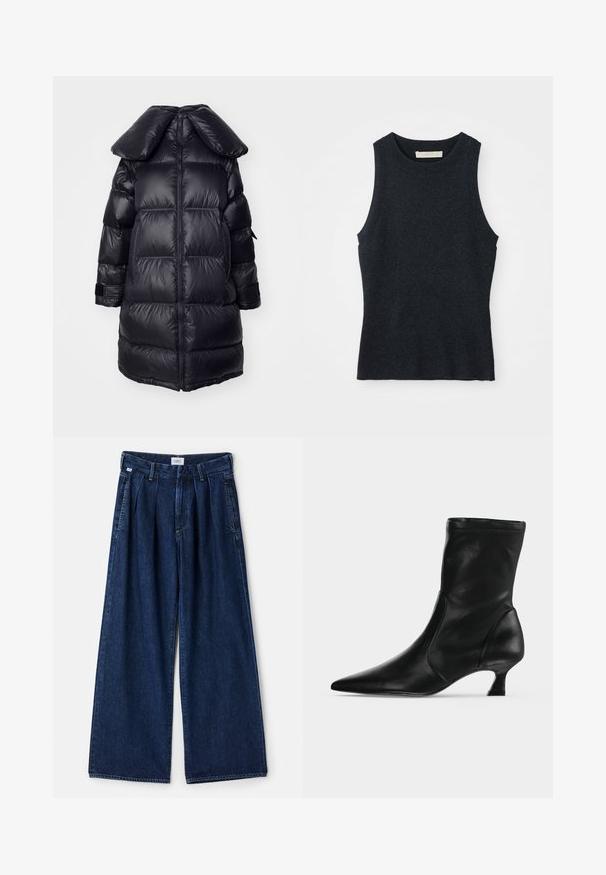 Abrigo inflable negro con un gran cuello, que presenta secciones acolchadas, una cremallera central y puños elásticos. Textura de tejido suave y brillante.; Top sin mangas de punto en gris oscuro con cuello redondo, colocado sobre un fondo blanco.; Pantalones de mezclilla azul de pierna ancha con pliegues, que cuentan con una cintura alta, bolsillos frontales y un acabado texturizado. La tela es gruesa y resistente.; Bota negra de cuero hasta media pantorrilla con puntera puntiaguda y tacón bajo tipo kitten, vista de lado sobre un fondo claro y liso.