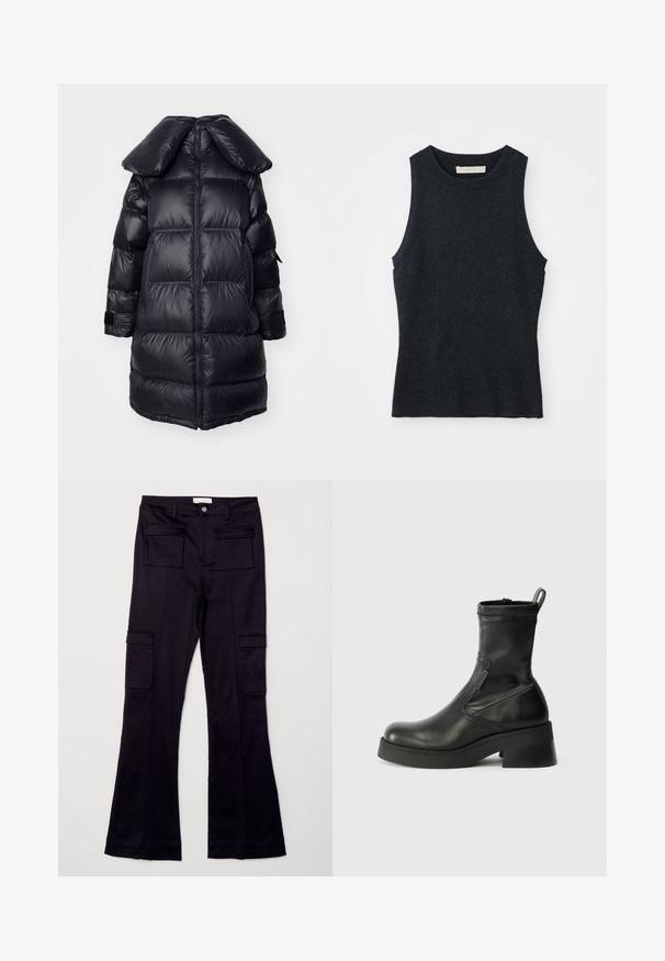 Manteau doudoune noir avec un grand col, présentant des sections matelassées, une fermeture éclair centrale et des poignets élastiques. Texture de tissu lisse et brillant.; Débardeur en tricot gris foncé sans manches avec col rond, posé à plat sur un fond blanc.; Pantalons cargo évasés noirs dotés de deux poches avant et de deux poches latérales, fabriqués dans un tissu lisse avec un léger éclat.; Bottines en cuir noir à bout arrondi, avec fermeture éclair sur le côté, petit talon carré et coutures soignées. Surface texturée avec une finition lisse.