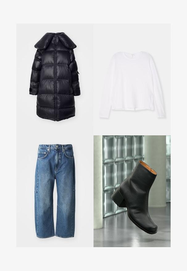 Abrigo inflable negro con un gran cuello, que presenta secciones acolchadas, una cremallera central y puños elásticos. Textura de tejido suave y brillante.; Camisa blanca de manga larga hecha de una tela suave, con un escote redondo, corte relajado y slit en los lados del dobladillo para mayor comodidad al moverse.; Vaqueros de mezclilla azul con un diseño suelto y de pierna ancha, que cuentan con bolsillos frontales, cierre de botón y cremallera, y un ligero desvanecimiento en las rodillas.; Botín negro de piel texturizada con tacón grueso, exhibido en interiores sobre un suelo reflectante con pared de bloques de cristal de fondo.