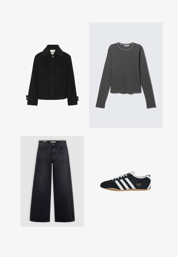 Zwarte jas van zachte stof met een klassieke kraag, knopen aan de voorkant, zijzakken en details aan de manchetten met goudkleurige knopen.; Langarmshirt met ronde hals, voorzien van zwarte en grijze horizontale strepen, met het label "Weekday", plat gelegd op een lichte achtergrond.; Zwart denim met wijde pijpen, met een hoge taille, vijf zakken en subtiele vervaging aan de voorkant.; Zwarte suède sneaker met witte drie strepen, gouden logo en een bruine rubberen zool. Heeft een laag profiel vetersluiting ontwerp.