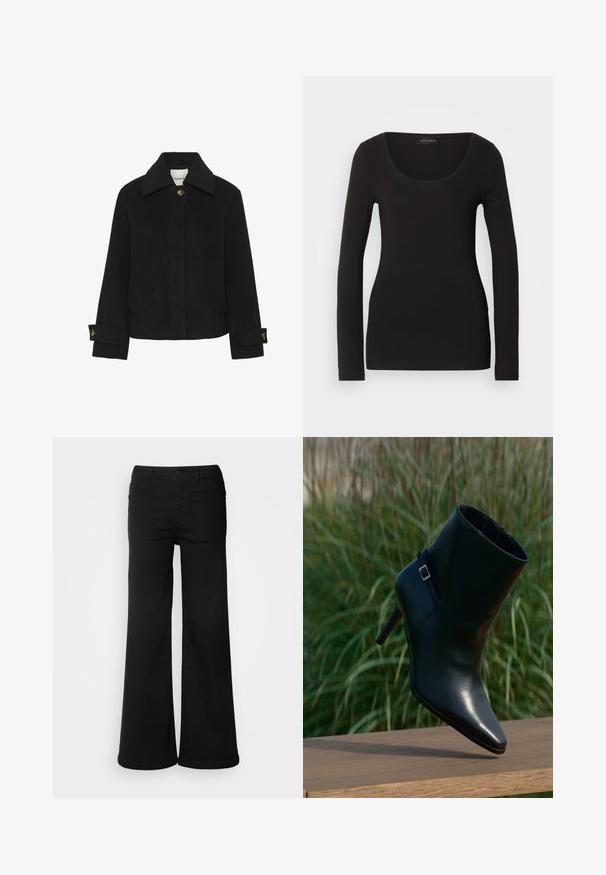 Schwarze Jacke aus weichem Stoff mit klassischem Kragen, Knopfverschluss, seitlichen Taschen und Ärmeldetails mit goldfarbenen Knöpfen.; Schwarzes langärmliges Oberteil mit Rundhalsausschnitt, aus weichem, dehnbarem Material gefertigt. Verfügt über eine taillierte Form und eine glatte Textur. Markenlabel sichtbar.; Schwarze, weit geschnittene Jeanshose aus Denim, mit vorderen Taschen, Knopfverschluss und einer glatten Textur mit sauberem Finish.; Schwarzer Leder-Stiefel mit spitz zulaufender Kappe, gestapeltem Absatz, schimmernder Textur und einem dekorativen Riemen mit silberner Schnalle.
