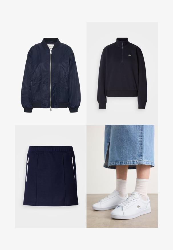 Navyblau Bomberjacke mit Reißverschluss, elastischen Bündchen und geripptem Kragen. Glattes satinartiges Material mit seitlichen Taschen und subtilen Steppdetails.; Dunkelblaues Sweatshirt mit hohem Kragen und Viertelreißverschluss, ausgestattet mit langen Ärmeln und einem gerippten Saum. Enthält ein kleines grünes Logo auf der Brust.; Navyblauer Rock aus weichem Stoff, mit weißen Reißverschlusstaschen, einem figurschmeichelnden Schnitt und einer glatten Textur. In knielanger Länge.; Weiße Ledersneaker mit glatter Textur, ausgestattet mit einem goldenen "Lacoste"-Logo und subtilen Perforationen, kombiniert mit hellen Socken und einem Jeansrock.