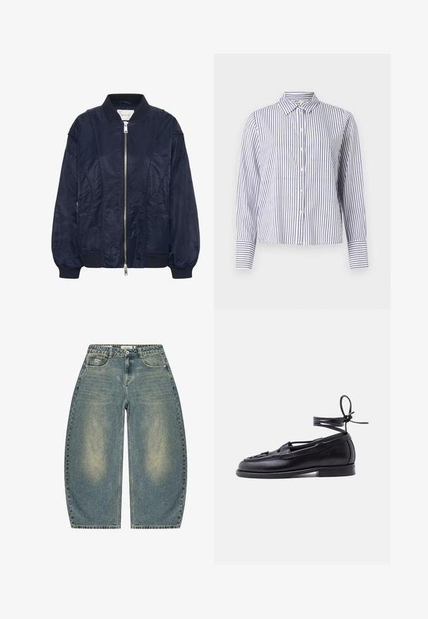 Navyblau Bomberjacke mit Reißverschluss, elastischen Bündchen und geripptem Kragen. Glattes satinartiges Material mit seitlichen Taschen und subtilen Steppdetails.; Gestreiftes Hemd mit Kragen, das schmale blaue und weiße vertikale Streifen aufweist, lange Ärmel mit Manschettendetails und ein cropped Design.; Weit geschnittene, ausgewaschene blaue Jeans aus Denim mit vorderen Taschen, Knopfverschluss und "project blue"-Etikett an der rechten Vordertasche.; Schwarzer Lederloafer mit flacher Sohle und schnürbarem Knöchelriemen, der zu einer Schleife gebunden ist, vor einem schlichten hellen Hintergrund.