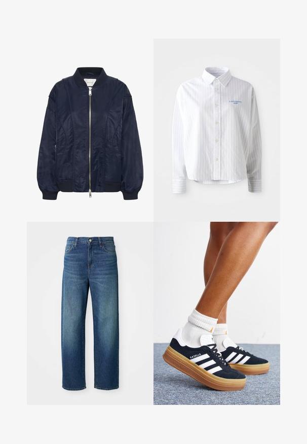 Navyblau Bomberjacke mit Reißverschluss, elastischen Bündchen und geripptem Kragen. Glattes satinartiges Material mit seitlichen Taschen und subtilen Steppdetails.; Weißes Hemd mit hellblauen vertikalen Streifen, spitzem Kragen und kleinem blauen Logo auf der linken Brust. Baumwollstoff, lockere Passform.; Blaue Jeans aus Denim, weit geschnitten, mittelhoher Bund, dezente Ausbleichungen, im fünf-Taschen-Stil, mit Knopf- und Reißverschluss, gerader Saum.; Beine mit weißen Socken und schwarzen Adidas Gazelle Sneakers mit weißen Streifen und dicken braunen Sohlen auf einem grauen Teppichboden.