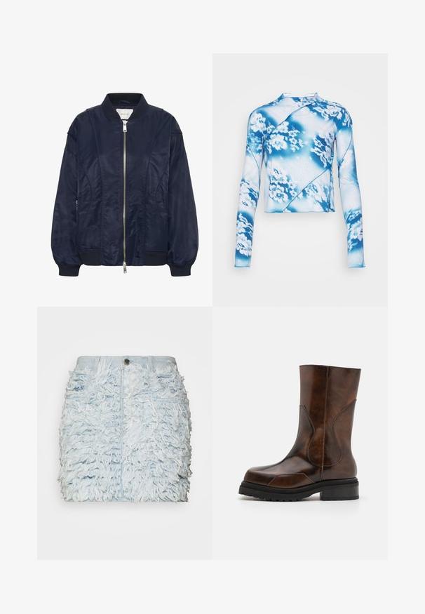 Marineblå bomberjakke med lynlås foran, elastiske ærmer og ribbet krave. Glat, satinlignende materiale med sidelommer og subtile syninger.; Ioannes BIAS - Langærmet T-shirt - sprayed blue; DL1961 ASRA SKIRT MINI - A-snit nederdel - denim fur; ECKHAUS LATTA STACKED BOOT - Plateaustøvler - dark brown