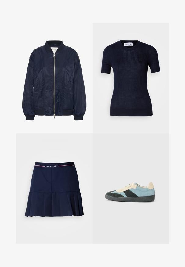 Chaqueta bomber de color azul marino con cremallera frontal, puños elásticos y cuello acanalado. Material suave similar al satén con bolsillos laterales y detalles de costura sutiles.; Camiseta de manga corta de canalé azul marino, hecha de material ligero, con un escote redondo y un pequeño logo bordado en el pecho.; Falda plisada color navy con una cintura elástica que presenta un logo de Lacoste en blanco y rosa. Fabricada en una tela suave y ligera.; Zapatilla baja en azul claro, verde oscuro y ante beige con suela negra y cordones beige, mostrada desde el lado exterior.