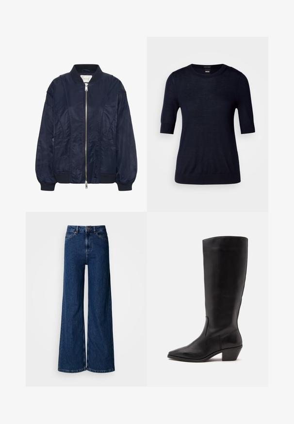 Navyblau Bomberjacke mit Reißverschluss, elastischen Bündchen und geripptem Kragen. Glattes satinartiges Material mit seitlichen Taschen und subtilen Steppdetails.; Navyblaues Kurzarm-Pullover aus leichtem Strickstoff. Mit Rundhalsausschnitt und geripptem Saum für eine schmale Passform.; Weit geschnittene Jeans in dunkler Waschung aus Denim, mit hoher Taille, klassischem Fünf-Taschen-Design und dezenten Steppnähten entlang der Nähte.; Schwarzer Lederstiefel bis zur Wade mit spitzer Spitze und niedrigem schrägem Absatz vor einfachem hellem Hintergrund.