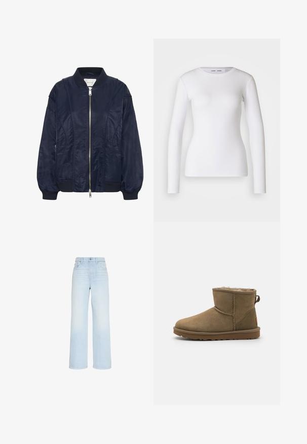 Marineblauwe bomberjack met een ritssluiting aan de voorkant, elastische manchetten en een geribde kraag. Gladde satijnachtige stof met zijzakken en subtiele stikseldetails.; Witte longsleeve shirt van ribstof, met een ronde halslijn en een getailleerde vorm. Er zijn geen patronen of accenten aanwezig.; Lichtblauwe, wijdvallende jeans met hoge taille, vooraan met knoop- en ritssluiting, riemlussen en voor- en achterzakken.; Bruine suède enkelboot met een zachte, pluizige voering, ronde neus en een lusaccent aan de achterkant. Vlakke rubberen zool met een gestructureerde grip.