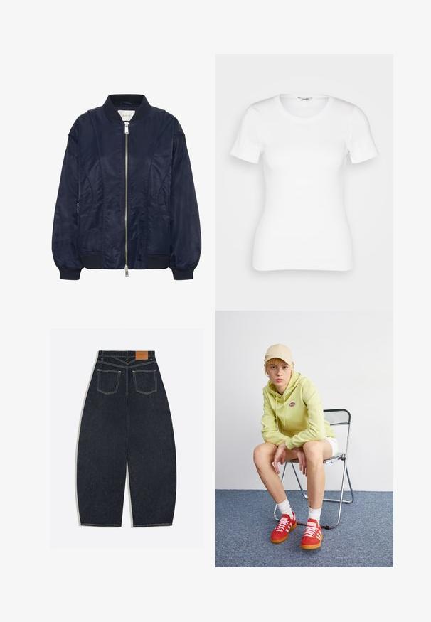 Navyblau Bomberjacke mit Reißverschluss, elastischen Bündchen und geripptem Kragen. Glattes satinartiges Material mit seitlichen Taschen und subtilen Steppdetails.; Weißes Baumwoll-T-Shirt mit kurzen Ärmeln, rundem Ausschnitt und gerippter Textur. Schmal geschnittenes Design mit einer glatten, sauberen Verarbeitung.; Dunkelblaue Jeans mit weitem Bein, von hinten gezeigt, mit zwei aufgesetzten Taschen und einem braunen Lederetikett am Bund.; Helle grüne Kapuzenjacke mit Logo, weiße Shorts, rote Sneakers mit weißen Streifen, sitzend auf einem verchromten Klappstuhl vor einem neutralen Hintergrund.