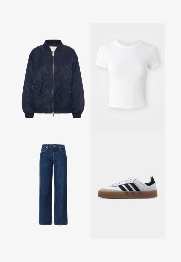 Chaqueta bomber de color azul marino con cremallera frontal, puños elásticos y cuello acanalado. Material suave similar al satén con bolsillos laterales y detalles de costura sutiles.; Camiseta corta de manga corta blanca, con cuello redondo, exhibida sobre un fondo neutral claro.; Jeans de pierna ancha en denim azul oscuro con una textura suave, que presentan un cierre de botón y cremallera, cinco bolsillos y costuras en contraste.; Zapatillas de cuero blancas con rayas negras, suela de goma, puntera redonda, cierre de cordones y caperuza de ante gris suave.