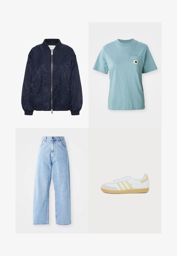 Marineblauwe bomberjack met een ritssluiting aan de voorkant, elastische manchetten en een geribde kraag. Gladde satijnachtige stof met zijzakken en subtiele stikseldetails.; Lichtblauw katoenen T-shirt met korte mouwen en een borstzak, voorzien van een klein zwart-wit Carhartt logo patch.; Hogewaisted lichtblauwe denim jeans met rechte wijde pijpen, voorste knoop, ritssluiting en voor- en achterkant zakken.; Witte Adidas Samba sneaker met beige suède accenten, drie gestructureerde strepen en een rubberen zool, van opzij getoond op een witte achtergrond.