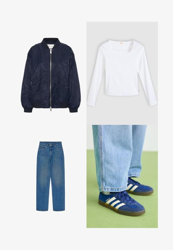 Chaqueta bomber de color azul marino con cremallera frontal, puños elásticos y cuello acanalado. Material suave similar al satén con bolsillos laterales y detalles de costura sutiles.; Camiseta blanca de manga larga hecha de tela acanalada, con escote cuadrado y diseño ajustado, con una pequeña etiqueta de logo en el costado.; Jeans de denim azul con corte recto, que cuentan con cinco bolsillos, cierre frontal de botones y un ligero desgastado en la tela.; Zapatillas de ante azul con rayas blancas y patrones texturizados, combinadas con pantalones de mezclilla azul claro, sobre un fondo verde.