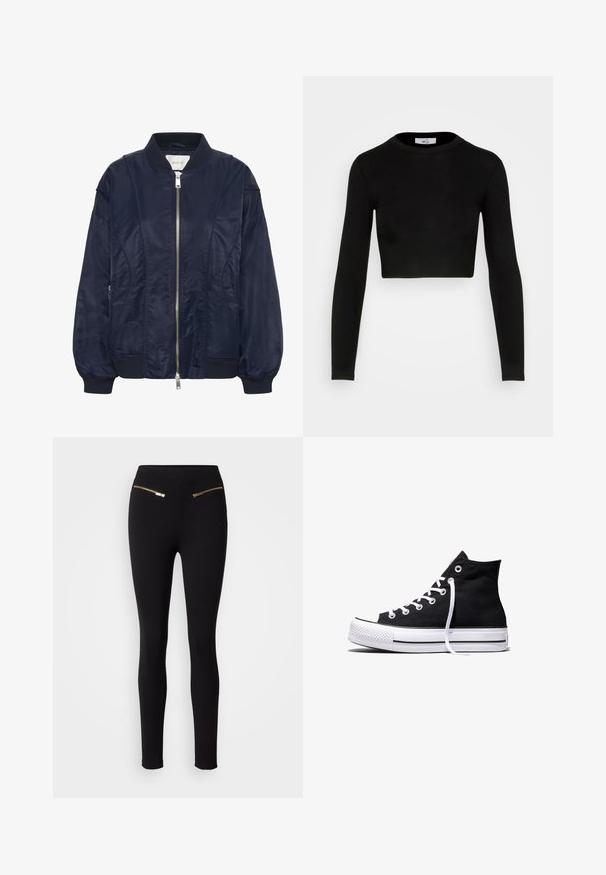 Veste bomber bleu marine avec fermeture éclair à l'avant, poignets élastiques et col côtelé. Matériau lisse semblable à du satin, avec poches latérales et détails de couture subtils.; WAL G. X JOEY BACK DETAIL - T-shirt à manches longues - black; Leggings noirs avec une texture lisse, présentant deux poches zippées dorées à l'avant. Le design est ajusté et resserré aux chevilles.; Baskets montantes en toile noire avec semelle en caoutchouc blanche et lacets blancs, vues de côté sur un fond blanc.