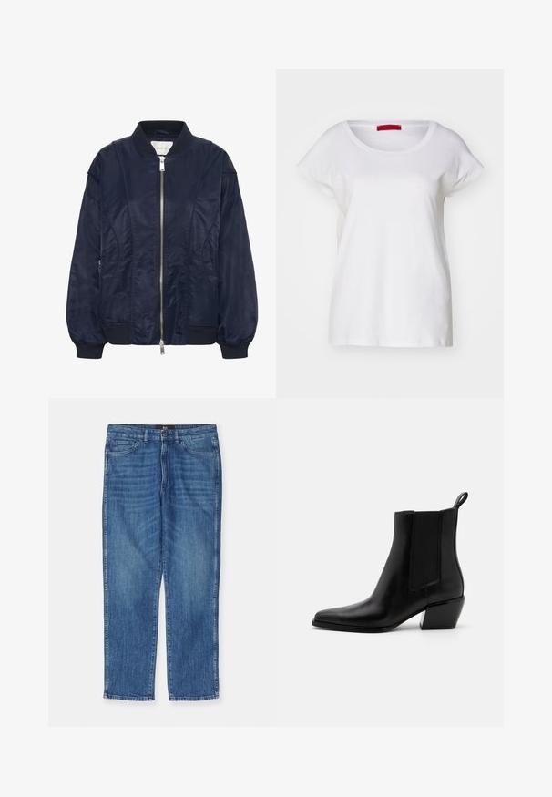 Chaqueta bomber de color azul marino con cremallera frontal, puños elásticos y cuello acanalado. Material suave similar al satén con bolsillos laterales y detalles de costura sutiles.; MAX&Co. MALDIVE - Camiseta básica - weiss; Jeans de mezclilla azul con corte recto, diseño clásico de cinco bolsillos y una textura sutilmente desgastada. Cuenta con un cierre frontal de botón.; Botas de tobillo de cuero negro con punta afilada, paneles laterales elásticos y un tacón bajo en bloque. Cuenta con una lengüeta en el talón para facilitar su uso.