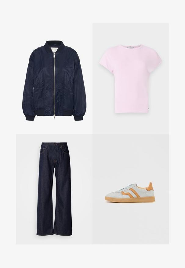 Chaqueta bomber de color azul marino con cremallera frontal, puños elásticos y cuello acanalado. Material suave similar al satén con bolsillos laterales y detalles de costura sutiles.; Camiseta de manga corta de color rosa claro, con cuello redondo. Presenta un corte holgado y una pequeña etiqueta con el logo en el dobladillo. Textura suave.; Jeans de mezclilla oscura de pierna ancha con una cintura alta, con bolsillos frontales y detalles de costura sutiles. Textura suave con un corte clásico.; Zapatilla de gamuza gris claro con detalles en cuero color caqui, suela de goma y cordones azul claro, vista lateral sobre fondo blanco.