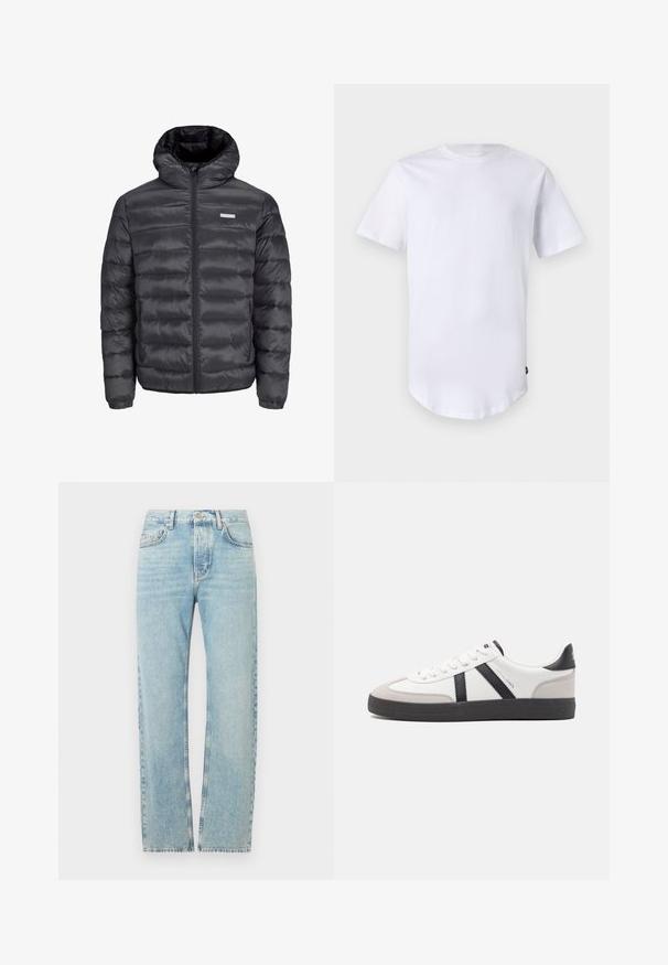 Doudoune noire avec capuche, comportant des sections matelassées horizontales, une fermeture éclair sur le devant et deux poches latérales zippées. Texture lisse.; T-shirt blanc à manches courtes en coton. Design à col rond avec un ourlet arrondi. Étiquette visible sur le côté inférieur gauche. Texture lisse.; Jean en denim bleu clair avec une coupe droite, doté d'une taille classique, de cinq poches et d'un léger effet délavé sur le tissu.; Baskets blanches avec des accents noirs et gris, présentant un embout texturé gris, une semelle en caoutchouc noir et des lacets plats blancs. Design épuré, style minimaliste.