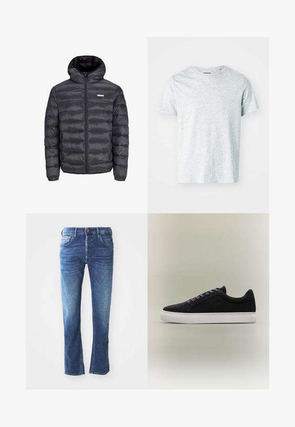 Doudoune noire avec capuche, comportant des sections matelassées horizontales, une fermeture éclair sur le devant et deux poches latérales zippées. Texture lisse.; T-shirt gris clair à manches courtes en tissu doux, avec un col rond et une coupe légèrement décontractée. Aucun motif ou graphique visible.; Jean en denim bleu foncé avec une coupe droite, comprenant cinq poches, une fermeture à bouton marron et un léger délavage au niveau des cuisses.; Baskets basses noires avec semelle en caoutchouc blanche, design à lacets et col rembourré, présentées sur un fond gris neutre.
