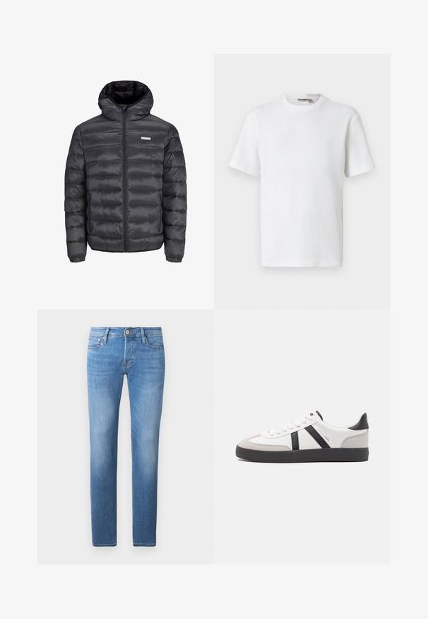 Doudoune noire avec capuche, comportant des sections matelassées horizontales, une fermeture éclair sur le devant et deux poches latérales zippées. Texture lisse.; T-shirt blanc à manches courtes en maille gaufrée avec col rond, petite étiquette de marque à l'intérieur du col, présenté sur un fond uni.; Jeans en denim bleu clair avec une coupe droite, dotés d'une fermeture à bouton et à glissière, de cinq poches et d'un léger délavage.; Baskets blanches avec des accents noirs et gris, présentant un embout texturé gris, une semelle en caoutchouc noir et des lacets plats blancs. Design épuré, style minimaliste.