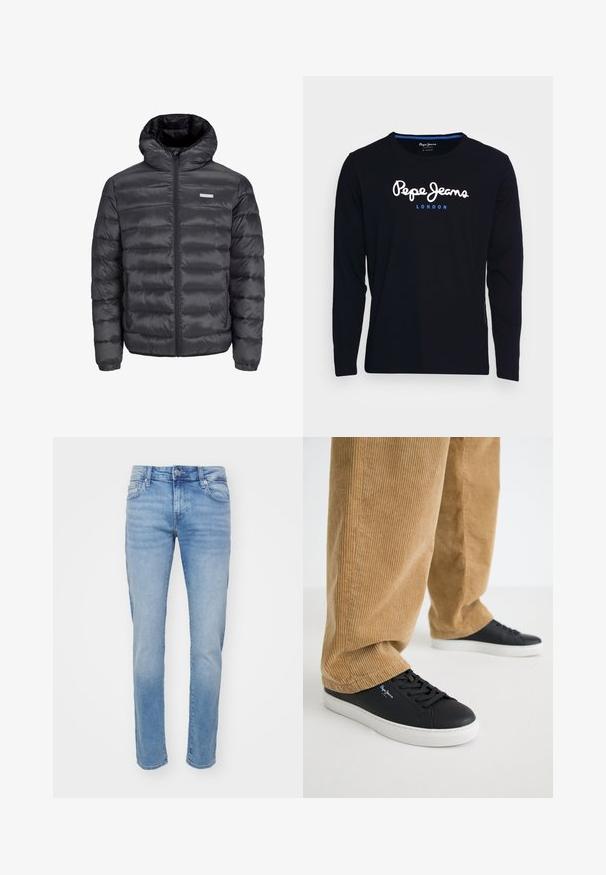 Doudoune noire avec capuche, comportant des sections matelassées horizontales, une fermeture éclair sur le devant et deux poches latérales zippées. Texture lisse.; T-shirt noir à manches longues en tissu de coton, avec le texte de logo blanc et bleu "Pepe Jeans London" centré sur la poitrine.; Jean en denim bleu clair avec une coupe droite, dégradé subtil, cinq poches et une fermeture à bouton à la taille.; Baskets en cuir noir avec des semelles en caoutchouc blanches. Portées avec un pantalon en velours côtelé beige à côtes verticales et à coupe décontractée.