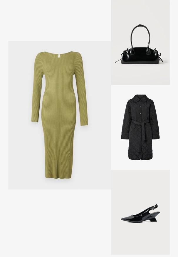 Manteau matelassé noir avec un col, fermeture à boutons-pression et taille ceinturée ; présente un motif en diamants et des détails aux poignets.; Robe en maille côtelée couleur vert olive, avec un décolleté rond et des manches longues. Silhouette ajustée s'étendant jusqu'à mi-mollet.; Chaussure slingback en cuir verni noir avec bout pointu et petit talon bloc incliné sur fond clair uni.; Petit sac à main noir brillant avec deux longues anses et des détails à cordon sur les côtés sur un fond clair uni.