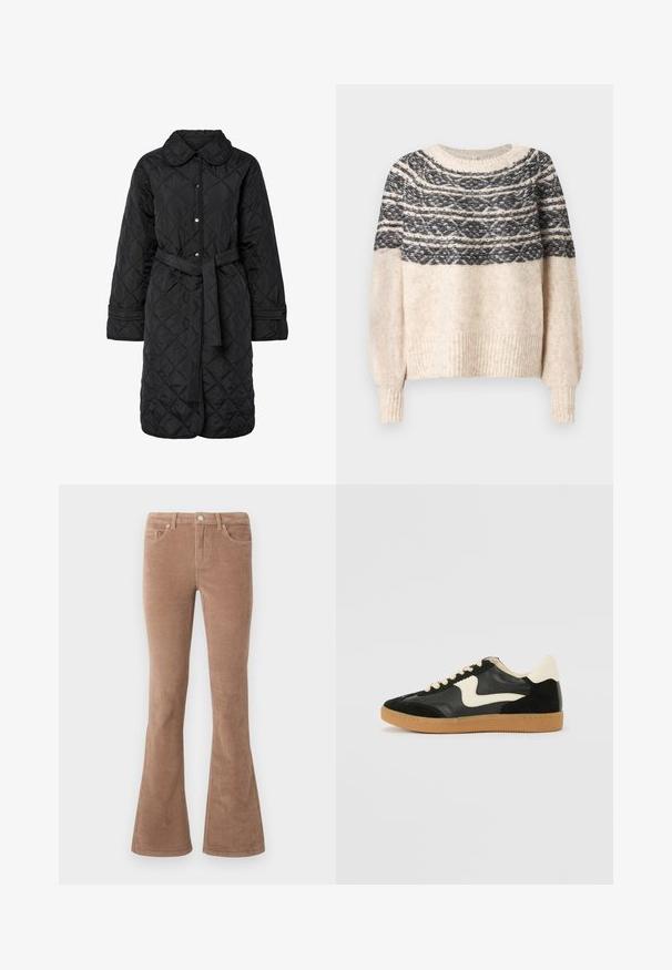 Sort quiltet frakke med krave, trykknaplukning og bælte i taljen; har diamantmønster og manchet detaljer.; Cremefarvet og sort strikket sweater med mønstret yoke, ribbede manchetter og kant, præsenteret mod en ensfarvet baggrund.; Brune fløjl flare bukser med en tekstureret overflade, der har fem lommer, knaplukning og bæltestropper.; Sorte ruskinds- og lædersneakers med en cremefarvet side-swoosh og lys cremefarvet hæl. Har beige snørebånd og en gummirubber-sål.