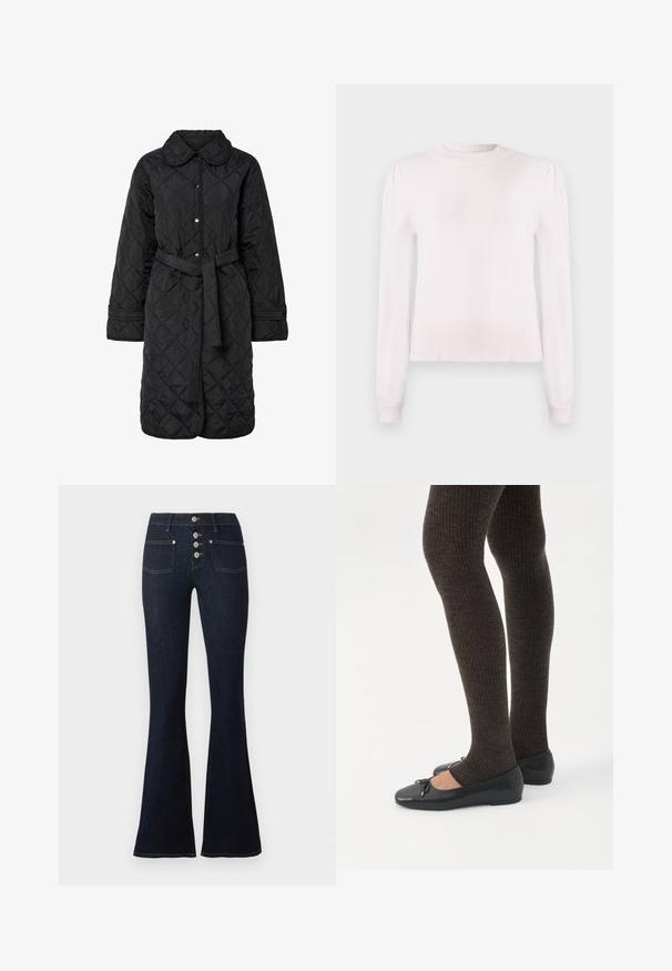 Sort quiltet frakke med krave, trykknaplukning og bælte i taljen; har diamantmønster og manchet detaljer.; Lyserød, langærmet sweater lavet af blødt strikstof. Har en ribbet rund halsudskæring og kant med subtile puffede skulderdetaljer.; Mørkeblå højttaljede flare jeans med fire-knaps frontlukning og to forlommer, vist mod en hvid baggrund.; Ben iført mørke ribbede leggings kombineret med sorte balletsko med små sløjfedetaljer på hvid baggrund.