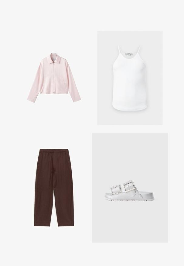 Lichtroze cropped jasje met een puntige kraag, een ritssluiting aan de voorkant en twee zijzakken. Glad materiaal met een eenvoudig, strak ontwerp.; Witte geribbelde mouwloze tanktop met dunne bandjes en een afgeronde zoom, plat weergegeven tegen een neutrale achtergrond.; Bruine broek met wijde pijpen en elastische tailleband, enkellang, gemaakt van lichtgewicht stof, plat uitgespreid op een witte achtergrond.; Zilveren sandalen met twee brede verstelbare banden, een gestructureerd materiaal en een platte zool met een zigzagpatroon aan de onderkant.