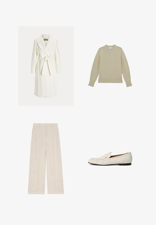 Manteau blanc mi-long à nouer à la taille, avec larges revers, manches longues et poches latérales.; Pull en tricot beige avec un col rond, un ourlet et des poignets côtelés. Tissu légèrement texturé avec des détails cousus le long des manches.; Pantalon beige à jambes larges avec passants de ceinture et plis devant, présenté à plat sur fond blanc.; Mocassin en cuir blanc avec une semelle plate noire, un détail plissé à l'avant et un petit logo doré sur le côté de la tige.