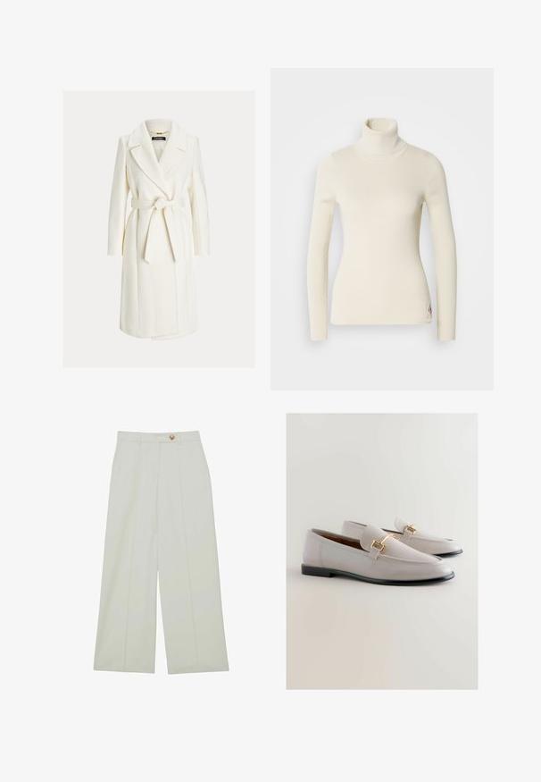Hvid knælængde slå-om-frakke med brede revers og et bundet bælte i taljen, med lange ærmer og sidelommer.; Cremefarvet turtleneck sweater lavet af ribbet stof. Har lange ærmer, tætsiddende design og et lille logo på kanten. Blød tekstur.; Bukser med vide ben lavet af let stof i en off-white farve, med forreste læg og en enkelt knaplukning.; Lys grå læder loafers med spids tå, der har en guldtonet metalaccent og en lav sort hæl. Glat tekstur, minimalistisk design.