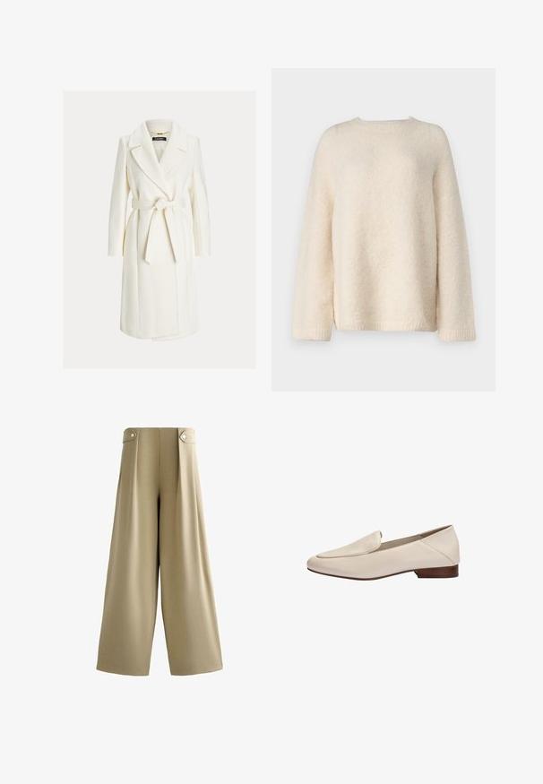 Hvid knælængde slå-om-frakke med brede revers og et bundet bælte i taljen, med lange ærmer og sidelommer.; Selected SLFGABELLA O NECK CAMP - Striktrøje - birch; Beige bukser med vide ben, højtaljede og med knappede stropper på hver side af taljebåndet, glat front og fuld længde benafslutning.; Beige læderloafer med lavt træhæl og afrundet firkantet tå, sidevisning mod hvid baggrund.
