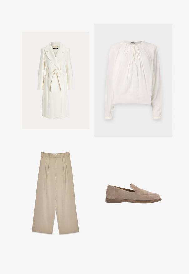 Witte knie-lange wikkeljas met brede revers en een gestrikte ceintuur in de taille, met lange mouwen en zijzakken.; Witte blouse met lange mouwen, ronde hals en geplooide voorkant. Zacht, glad materiaal met een comfortabele pasvorm en knoopdetails bij de kraag.; Beige wijde broek met voorplooien, zijzakken, riemlussen en een verborgen sluiting aan de voorkant.; Beige suède instapper met lage platte bruine zool en mocassinnaaistijl detail op het bovenwerk.
