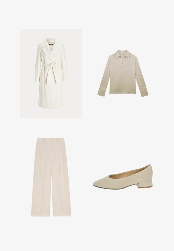 Hvid knælængde slå-om-frakke med brede revers og et bundet bælte i taljen, med lange ærmer og sidelommer.; Beige bluse med lange ærmer, V-hals og manchetter med knapper, vist på hvid baggrund.; Beige bukser med vide ben, frontfolder, bæltestropper og et rent, skræddersyet design.; Beige ruskind lavhælet pumpe med spids tå og lille blokhæl. Glat tekstur uden synlige mønstre eller dekorationer.