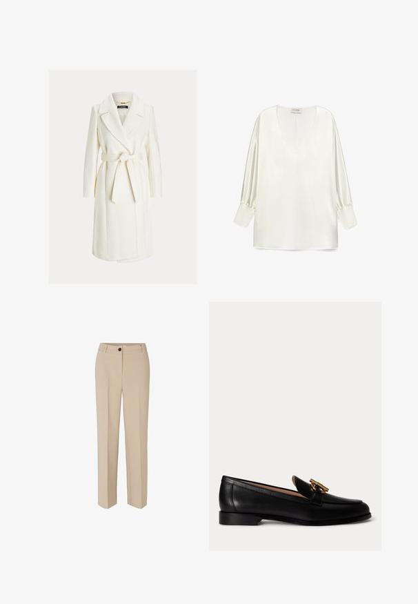 Hvid knælængde slå-om-frakke med brede revers og et bundet bælte i taljen, med lange ærmer og sidelommer.; Hvid satinbluse med en dyb V-hals, lange pufærmer og en lige kant. Stoffet har en glat, blank overflade.; Modström GALE - Bukser - powder sand; Sort læderloafer med lav hæl og guldfarvet metalspænde på toppen, vist fra siden på hvid baggrund.