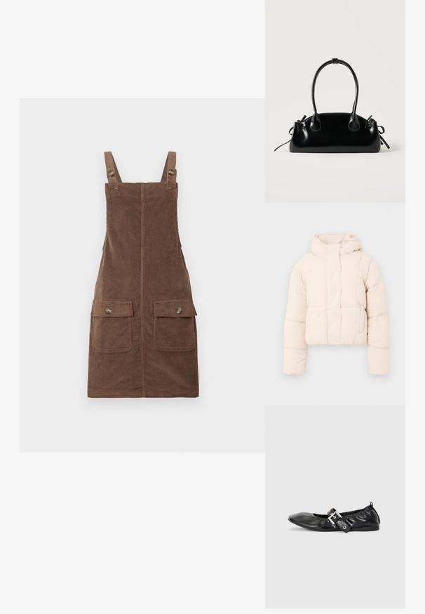 Beige pufferjack met een capuchon, voorzien van een gewatteerd ontwerp, drukknoopsluiting en zijzakken. Zacht, gewatteerd materiaal voor warmte.; Bruine corduroy tuinbroek jurk met verstelbare bandjes, twee voorkanten zakken en een centrale naad. Getextureerde stof met een zachte uitstraling.; Zwarte leren platte schoen met een spitse neus, geplooide details rond de opening en een zilveren gespaccentueerde verstelbare band.; Kleine zwarte glanzende handtas met twee lange hengsels en zijkant trekkoord details op een effen lichte achtergrond.