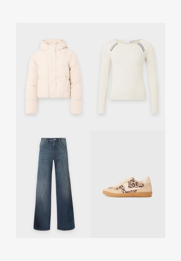 Beige pufferjack met een capuchon, voorzien van een gewatteerd ontwerp, drukknoopsluiting en zijzakken. Zacht, gewatteerd materiaal voor warmte.; Geribbelde lange mouw top in off-white met een ronde hals en contrasterende zwarte accenten op de schouders. Gebreide textuur, getailleerd ontwerp.; Brede denims met wijde pijpen in donkerblauw, met een verwasde afwerking, knoopsluiting en vijf-pocketstijl. Gladde textuur, minimale stikseldetails.; Luipaardprint sneakers met een beige suède bovenkant, tan rubberen zool en witte accenten. Ronde neus en vetersluiting met een gestructureerde afwerking.