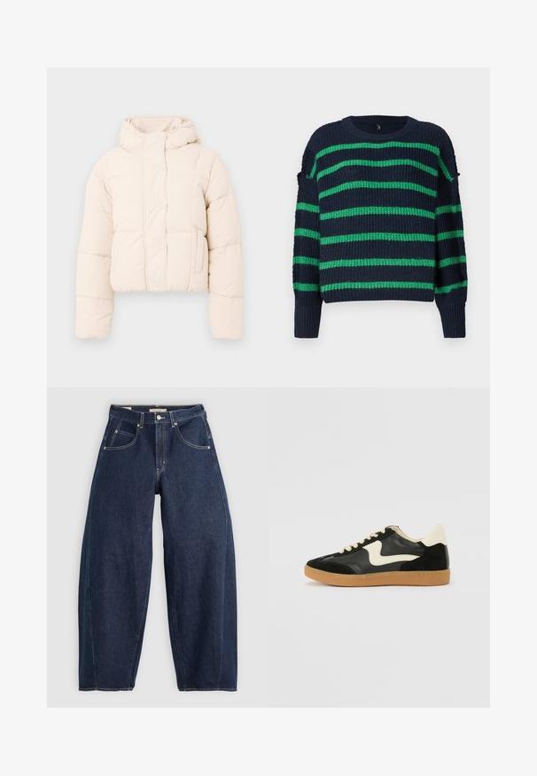 Beige pufferjakke med hætte, prydet med en quiltet design, trykknapper og sidelommer. Blød, polstret tekstur for varme.; Mørkeblå strikket sweater med grønne vandrette striber og ribbede manchetter, der har en rund halsudskæring og en let løs pasform.; Mørkeblå denim jeans med løs pasform, lyse syninger, fem lommer og en knaplukning ved taljen.; Sorte ruskinds- og lædersneakers med en cremefarvet side-swoosh og lys cremefarvet hæl. Har beige snørebånd og en gummirubber-sål.