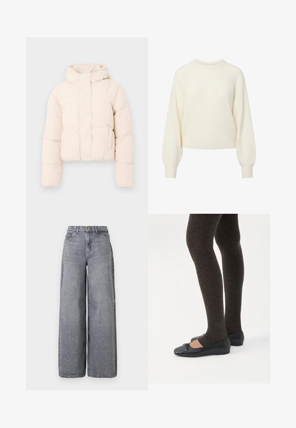 Beige puffer takki, jossa on huppu, käytännöllinen tikattu muotoilu, napit ja sivutaskut. Pehmeä, täytetty rakenne lämmön takaamiseksi.; Kermankeltainen pitkähihainen neulepusero, jossa on ribbireunus pyöreässä pääntiessä, hihoissa ja helmassa.; Suurenevat lahkeudega teksased hallis pleekinud toonis, viie tasku, nööbivarrukate ja pehme tekstuuriga, millel on peened kulumise detailid.; Jalat, joissa tummat ribbineuleiset leggingsit yhdistettynä mustiin balettitossuihin, joissa on pienet rusettikoristeet valkoisella taustalla.