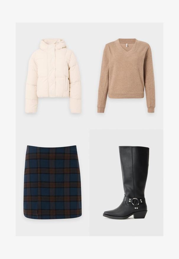 Beige puffer takki, jossa on huppu, käytännöllinen tikattu muotoilu, napit ja sivutaskut. Pehmeä, täytetty rakenne lämmön takaamiseksi.; Beige puuvillaneule, jossa on V-pääntie, pitkät hihat ja istuvat hihansuut. Pehmeä materiaali, hieman väljä istuvuus ja suora helma.; Tummansininen ruudullinen mini-hame, jossa on ruskeita ja harmaita viivoja, valmistettu sileästä kankaasta, jossa on hienovarainen halkio takana liikkumisen helpottamiseksi.; Mustat nahkaiset polvipituiset saappaat, joissa on terävä kärki, koristeellinen nilkkahihna ja hopeiset yksityiskohdat. Matalat pinotut korkot.