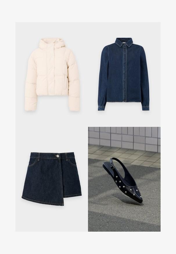 Beige pufferjakke med hætte, prydet med en quiltet design, trykknapper og sidelommer. Blød, polstret tekstur for varme.; Mørkeblå denimskjorte med klassisk krave, frontknapper og lange ærmer med samlede manchetter. Har kontraststing overalt.; Jeansskørt med en mørk vask, A-formet design, frontlukning med knapper og subtile syninger. Har en sidelukning.; Sort spids slingback-sko med sølvnitter, der svæver over asfalt tæt på flisebelagt væg.
