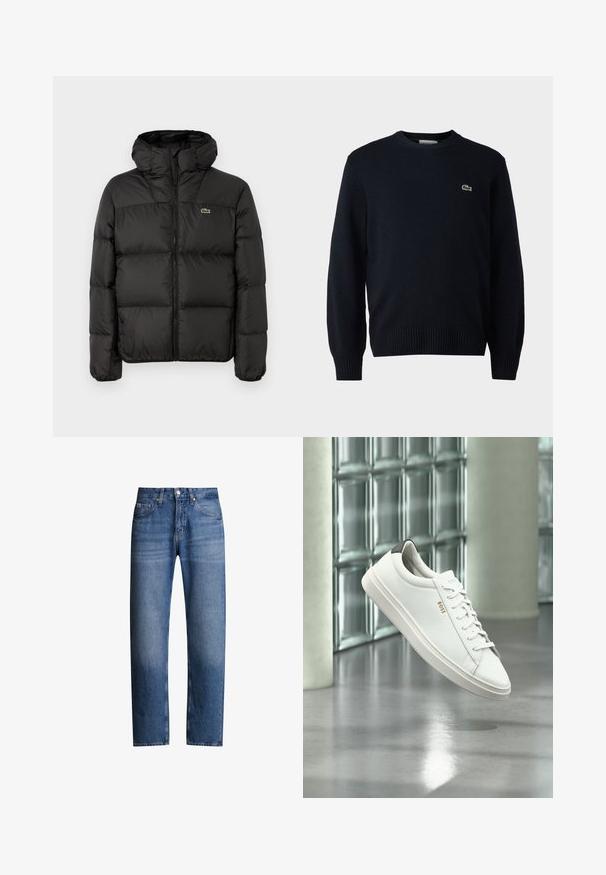 Sort pufferjakke med hætte, der har lynlås, kviltet design og et lille grønt logo på venstre bryst. Glat, polstret tekstur.; Marine crew-neck sweater lavet af blødt materiale, med ribbede manchetter og kant. Lille grønt Lacoste-logo på brystet.; Blå denimjeans med lige pasform, fem lommer og lynlås. Har en let falmet effekt og syninger langs sømmene.; Hvid læder lav-top sneaker med snørebånd, sort hælflig og "BOSS"-logo, svævende indendørs nær glasblok væg og poleret gulv.