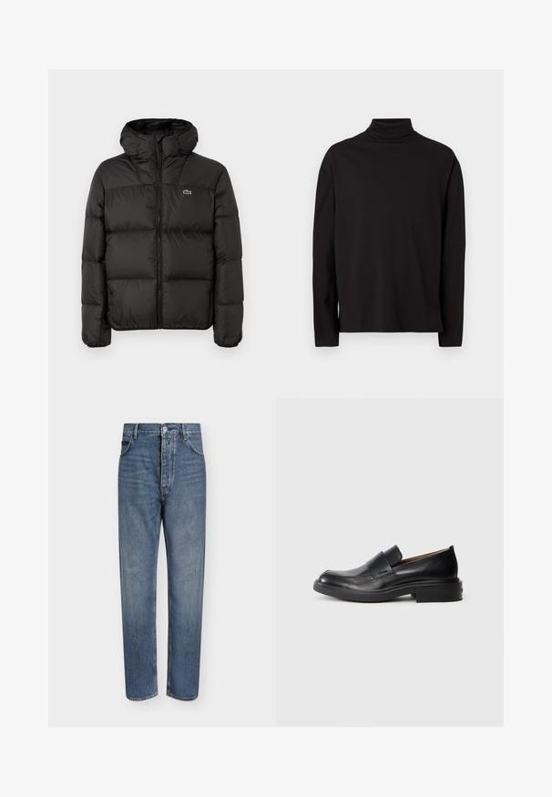 Must must jääpükste jakk kapuutsiga, millel on tõmblukk, tikandiga disain ja väike roheline logo vasakul rinnakorvil. Sile ja polsterdatud tekstuur.; Mustas turtleneck pikkade varrukatega topp, mis on valmistatud pehmest ja siledast kangast, millel on lõdva istuvus ja nähtamatud mustrid või aktsendid.; Sirge säärega sinised teksapüksid, kõrge vöökohaga, ees klapiga ja viie taskuga, ühel lihtsal heledal taustal.; Must musta kemppedista nahkasaapad madala kontsaga ja peene Calvin Kleini logoga küljel, näidatud profiilis valgel taustal.