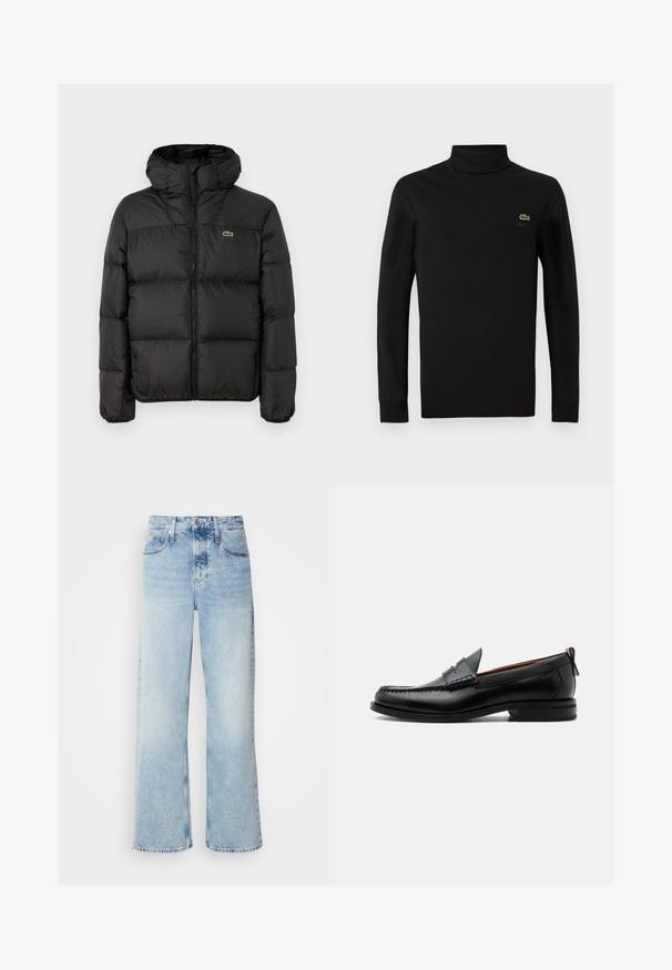 Must must jääpükste jakk kapuutsiga, millel on tõmblukk, tikandiga disain ja väike roheline logo vasakul rinnakorvil. Sile ja polsterdatud tekstuur.; Must have mustikasärgid, mis on valmistatud siledast puuvillast, musta värvi ja pika varrukaga, vasakus rinnas on väike roheline krokodilli logo.; Heled sinine laia säärega teksapüksid kõrge vöökohaga, millel on tuhm viimistlus, vööaugud ja klassikaline viie tasku disain. Säär on toor.; Mustast nahast meeste mokasiin, millel on moc varbaõmblus, penny rihm, tekstuuriga krae ja madal virnastatud konts valgel taustal.