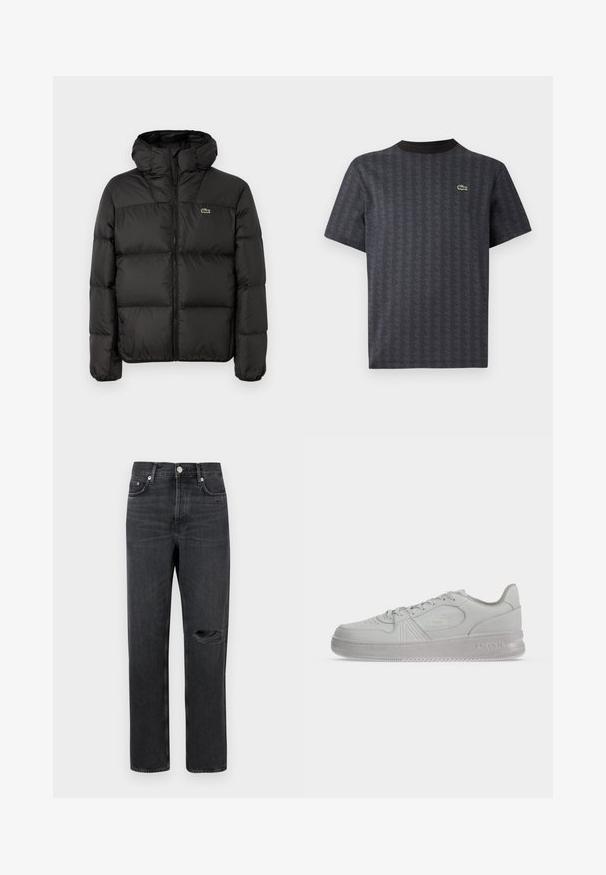 Schwarze Steppjacke mit Kapuze, mit einem Reißverschluss, gestepptem Design und einem kleinen grünen Logo auf der linken Brust. Glatte, gepolsterte Textur.; Schwarzes Kurzarm-T-Shirt mit geometrischem Muster und grünem Krokodil-Logo, mit einem einfarbigen schwarzen Rundhalsausschnitt.; Schwarze Denim-Jeans mit geradem Bein, featuring ein zerrissenes Knie, Fünf-Taschen-Design und Metallbeschläge an der Taille und den Taschen.; Weißer, flacher Lacoste-Sneaker mit Schnürsenkeln, geprägtem Logo an der Seite und strukturierter Sohle auf einfachem Hintergrund.