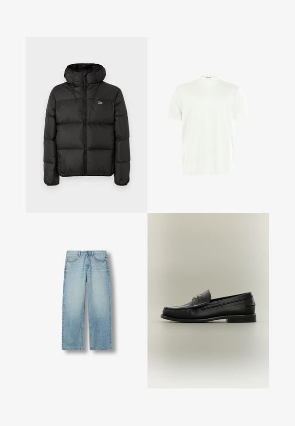 Chaqueta acolchada negra con capucha, con cierre de cremallera, diseño acolchado y un pequeño logo verde en el lado izquierdo del pecho. Textura lisa y acolchonada.; Camiseta blanca de cuello redondo hecha de tela suave. Mangas cortas, sin estampados. Diseño simple con dobladillo recto y detalles mínimos.; Vaqueros de mezclilla azul claro de pierna recta con cinco bolsillos y cierre de botón, exhibidos sobre un fondo blanco.; Mocasín negro de cuero sin cordones con tacón bajo, detalle de hebilla dorada y nombre de la marca en relieve en el lateral sobre un fondo neutro.
