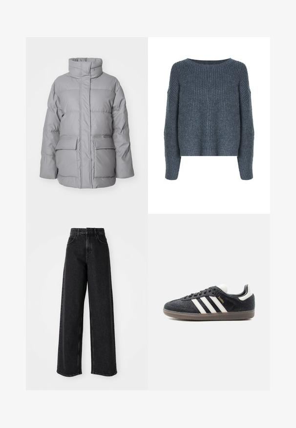 Lichtgrijze pufferjack met een hoge kraag, een ritssluiting aan de voorkant en twee grote buitenzakken. Gladde textuur met horizontale stikseldetails.; Weekday IVY - Trui - dark grey; Zwarte high-waisted wide-leg jeans van denim, met een klassiek vijf-pocket ontwerp en subtiele stikdetails.; Zwarte Adidas Samba sneaker met witte strepen, gumzool en gouden "Samba" tekst aan de zijkant, gezien van links op een effen achtergrond.
