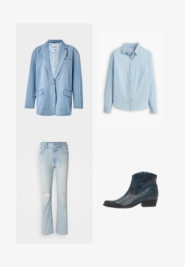 Lyseblå denimblazer med en enkelt knaplukning, to frontlommer og reverskrave, med synlige sømme og et foret indre.; Lyseblå skjorte med knapper lavet af blødt denimstof. Har en klassisk krave og lange ærmer, med et lille logo på brystet.; Lyseblå jeans i denim med høj talje, udvidet ben, slidte detaljer og udskåret stof ved knæene. Fem-lomme design.; Cowboy ankel støvler lavet af mørkeblåt læder, med spidse tæer, buede detaljer og en lav, stablet hæl med subtile syninger.