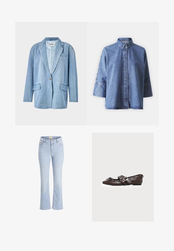 Lyseblå denimblazer med en enkelt knaplukning, to frontlommer og reverskrave, med synlige sømme og et foret indre.; Denimskjorte i lyseblå med lange ærmer, spidse kraver, knapper foran og en afslappet pasform. Lavet af blødt denim-materiale.; Lyseblå denim bukser med bredde ben og høj talje, fem lommer og lynlås. Har en diskret vask og stikninger på sømmene.; Brun læder flad sko med dobbelte sølvspænder, dekorative snørebånd langs kanterne og en lille sløjfe på den spidse tå.